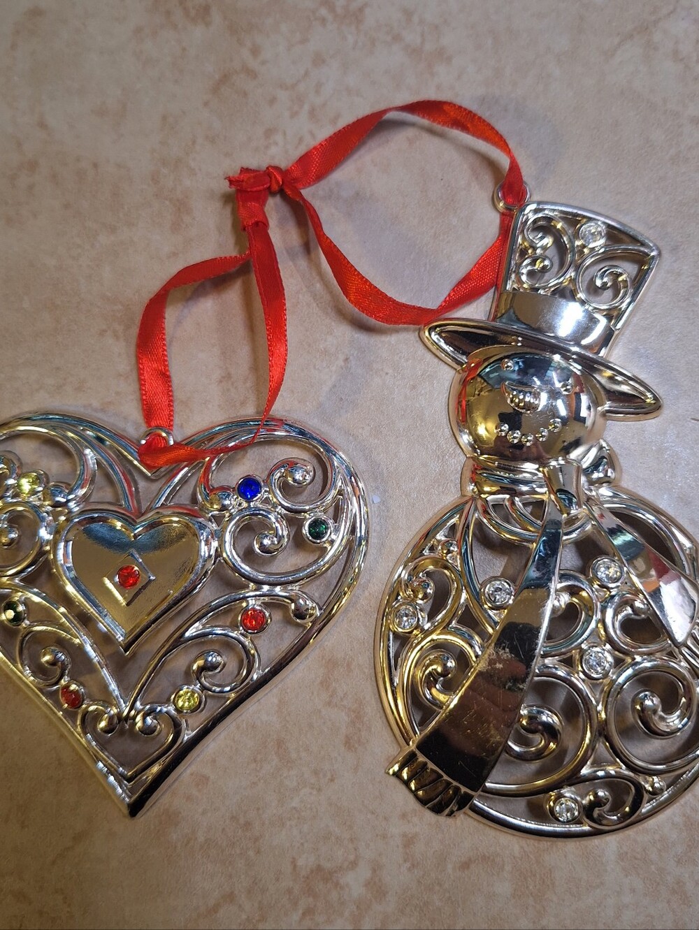 Lenox Sparkle & Scroll Clear Crystal Silverplate Snowman Heart Ornaments Set/2